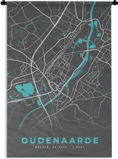 Wandkleed - Wanddoek - Plattegrond – Oudenaarde – Blauw – Stadskaart - Kaart - 120x180 cm - Wandtapijt