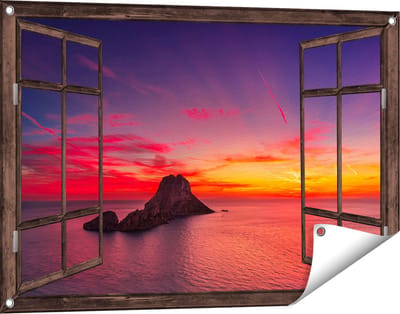 Gards Tuinposter Doorkijk Ibiza Rotsen Eiland bij Zonsondergang - 90x60 cm - Tuindoek - Tuindecoratie - Wanddecoratie buiten - Tuinschilderij