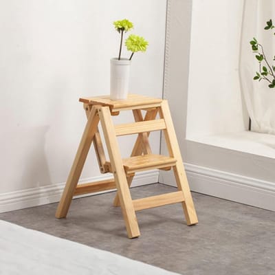 Houten Opstapje - Klapstoel Ladder - Hoge items Pakken - Stevig Massief Hout - 2 Treden - Naturel