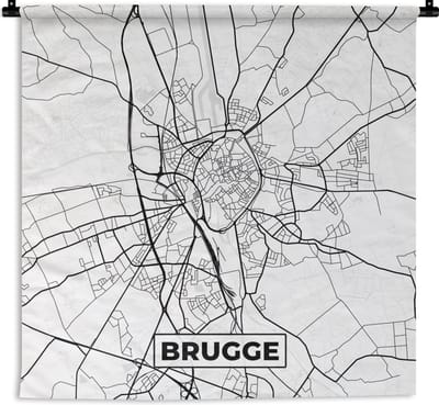 Wandkleed - Wanddoek - Zwart Wit – België – Plattegrond – Stadskaart – Kaart – Brugge - 120x120 cm - Wandtapijt