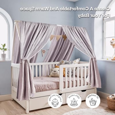 Handgemaakte Bedhemel van 100% Katoen Muslin, Decoratieve Lucht voor Kinderbedden, 2-delige Set van 65 x 270 cm in Lichtbeige voor Meisjes en Jongens