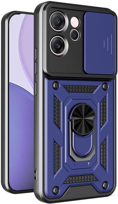 MobyDefend Hoesje - Geschikt voor Oppo Reno14 F / Oppo Reno14 FS - Pantsercase Met Draaibare Ring - Blauw
