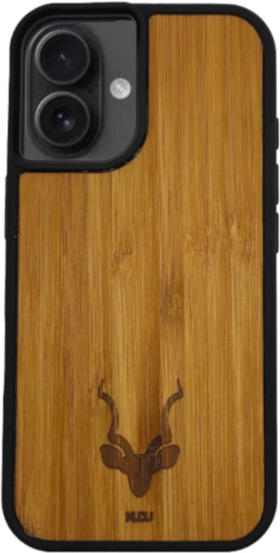 Kudu iPhone 16 hoesje case - Houten backcover - Handgemaakt en afgewerkt met duurzaam TPU - Bamboe - Zwart