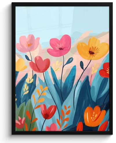 Poster in lijst - Fotolijst 50x70 cm - Posters - Illustratie - Bloemen - Kleurrijk - Posterlijst zwart - Decoratie - Wanddecoratie woonkamer - Muurdecoratie slaapkamer