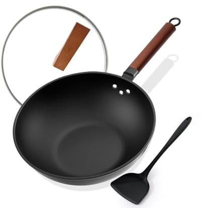 Wok Pan - Koekenpan Wok - Roerbakken en Koken - Natuurlijk Anti-aanbak - 33 cm - Zwart