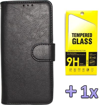 HB Hoesje Geschikt voor Apple iPhone 12 & 12 Pro Zwart - Luxe Kunstlederen Portemonnee Book Case & Glazen Screenprotector