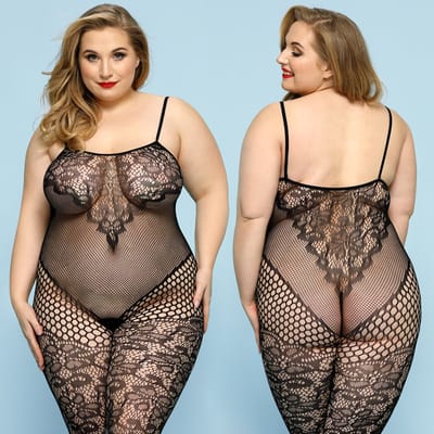 LekkerStout Plus Size Bodystocking - Zwart - Sexy Lingerie - Visnet met Kantdetails - One Size XL-2XL | LS021