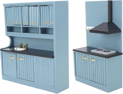 Poppenhuis Keuken Set - Miniatuur Meubels - Poppenhuis Decoratie - Handgemaakt Berkenhout - 1:12 Schaal - Donkerblauw