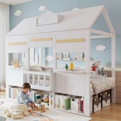Hoogslaper - 90x200cm - Huisvorm design met boekenrek en lattenbodem - stabiel - grenen + MDF + multiplex - wit