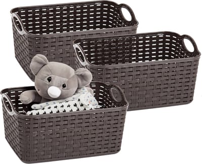 Plasticforte opbergmandje/kastmandje - 3x - 12 liter - donkerbruin - kunststof - 33 x 24 x 21 cm - nestbaar