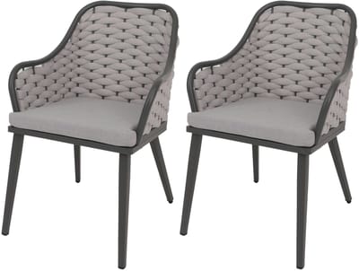 Set van 2 aluminium tuinstoelen MCW-O16, buitenstoel, touwvlechtwerk Olefin (200 g/m²) Touw ~ lichtgrijs Kussen lichtgrijs