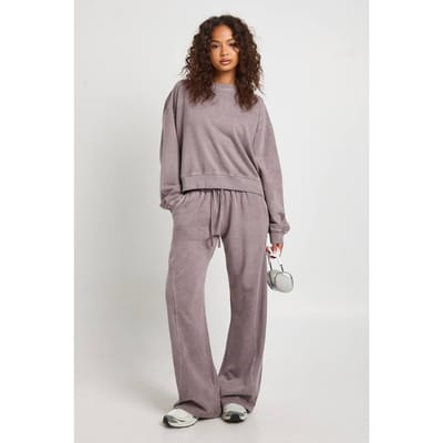 boohoo Dames Gewassen trainingspak met geribbeld detail en rechte pijpen | Druif | Maat: Medium