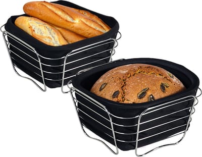 Kesper Broodmandje met stof - 2x - metaal/peva - zwart - vierkant - D21 x H11 cm