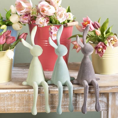 Paashaasdecoratie, zittende konijntjes, fluweelachtig, groen/bruin, 36