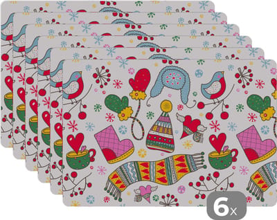 Placemat - Placemats kunststof - Patronen - Winter - Kerst - 45x30 cm - 6 stuks - Hittebestendig - Anti-Slip - Onderlegger - Afneembaar