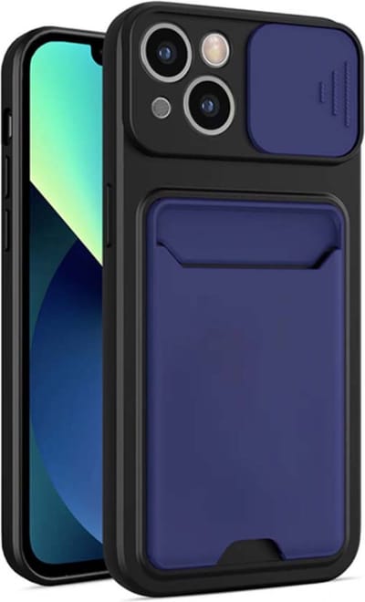 Smartphonica iPhone 13 TPU Cover Case Hoesje met Camera Slide en Pashouder - Blauw geschikt voor iPhone 13