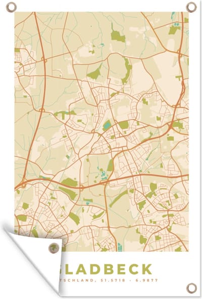 Muurdecoratie Gladbeck - Plattegrond - Kaart - Stadskaart - Vintage - 120x180 cm - Tuinposter - Tuindoek