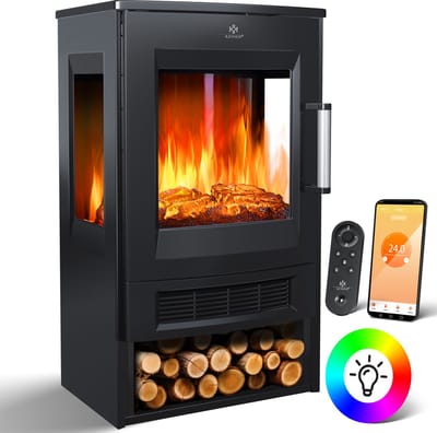 KESSER® Sfeerhaard Elektrische Haard met Ventilatorkachel, Thermostaat & WiFi, APP, Afstandsbediening - Elektrische Verwarming Heater met 2 Warmte Standen 900/1800W Elektrische Kachel , LED Vlam Effect 9 Kleur Modi, Timer - Zwart