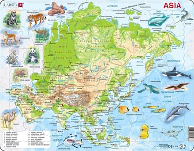 Larsen Azië geografisch met dieren – Puzzel – Kaarten & Geografie – Azië – Educatieve legpuzzel voor kinderen – 63 stukjes – Gemaakt in Noorwegen – Extra dikke 2,5 mm stukjes – Tray met vaste rand