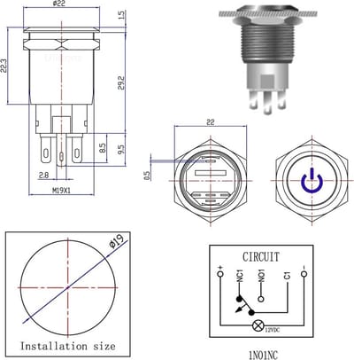 Drukschakelaar gele verlichting - 19mm - 1NO1NC - Power symbool
