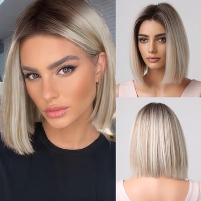 Korte blonde pruik voor dames, 30 cm, kort, steil, ombre blond, pruik van natuurlijk menselijk haar, synthetische pruik zonder lijm voor dames, dagelijkse feestkleding