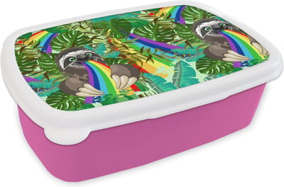 Broodtrommel Roze - Lunchbox - Brooddoos - Luiaard - Regenboog - Bladeren - Patronen - 18x12x6 cm - Kinderen - Meisje