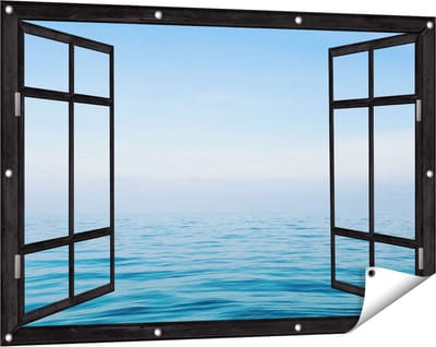 Gards Tuinposter Doorkijk Zee met een Blauw Hemel Achtergrond - 120x80 cm - Tuindoek - Tuindecoratie - Wanddecoratie buiten - Tuinschilderij