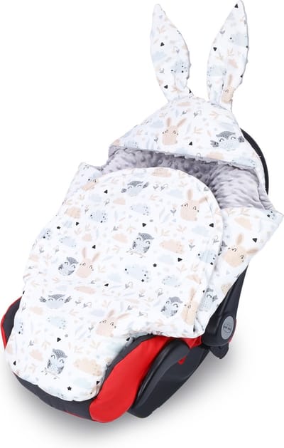 Babydeken konijnenoren geboortecadeau – schattige Minky knuffeldeken dubbelzijdig met capuchon –voor autostoel kinderwagen 3- en 5-puntsgordel 90×90 cm Minky Uilen lichtgrijs Oeko-Tex