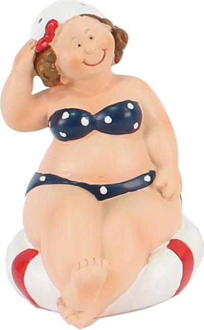 Home decoratie beeldje dikke dame - zittend - blauw badpak - 10 cm