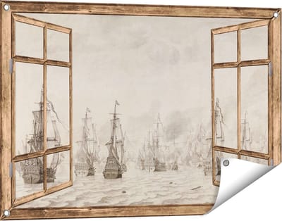 Gards Tuinposter Doorkijk De Zeeslag tegen de Spanjaarden bij Duinkerken - Willem van de Velde - 90x60 cm - Tuindoek - Tuindecoratie - Wanddecoratie buiten - Tuinschilderij