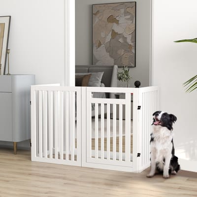 MIVRAY Hondenhek Opvouwbaar Vrijstaand 4 Panelen 240 X 81 Cm MDF Wit Met Vergrendelbare Deur En Steunvoeten Voor Binnengebruik