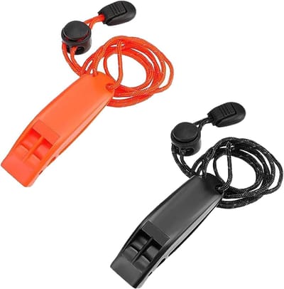Set van 2 Noodfluitjes met Trekkoord - Overlevingsfluitje voor Veiligheid, Outdoor Activiteiten, Hiking en Trekking in Oranje en Zwart