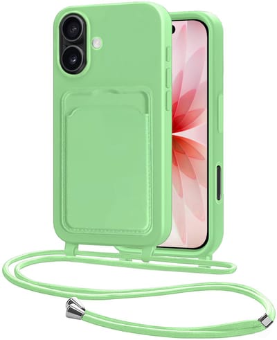 Hoes Geschikt voor iPhone 17 Hoesje Pasjeshouder Cover Met Koord Case Siliconen Hoes Met Telefoonkoord en Kaarthouder - Groen