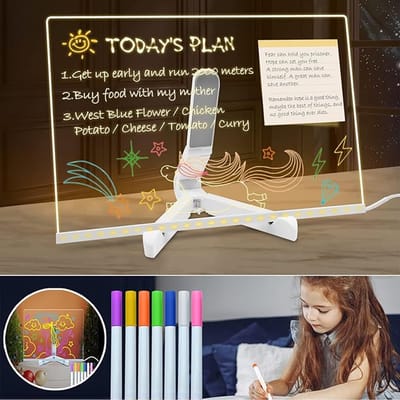 Berichtenbord met ledverlichting, acrylbord, uitwisbaar, whiteboard, transparant notitiebord LED, incl. 7 neonpennen, creatief cadeau voor vriendin, moeder, papa, kinderen, 30 x 20cm