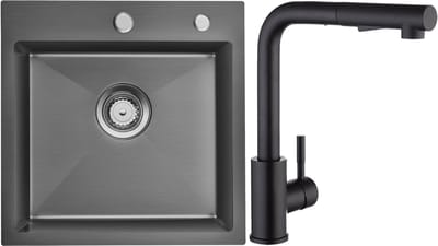 Auralum max Spoelbak voor keuken 45x45cm Antraciet - Spoelbakken Keuken Met Keukenkraan - Wasbak met waterafvoersysteem - RVS
