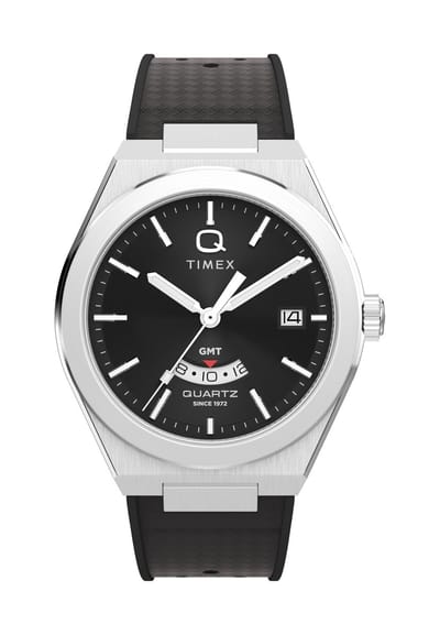 Timex Q Timex Continental Gmt Quartz Analoog Horloge Zwart En Zilverkleurig Kast Gemaakt Van 100% Roestvrij Staal En Een Armband Van 100% Synthetisch Rubber 39 TW2Y24900AJ