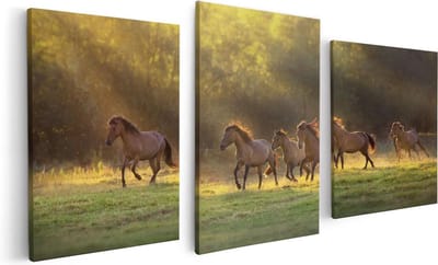 Artaza Canvas Schilderij Drieluik Kudde Bruine Paarden In De Wei - 120x60 - Foto Op Canvas - Canvas Print