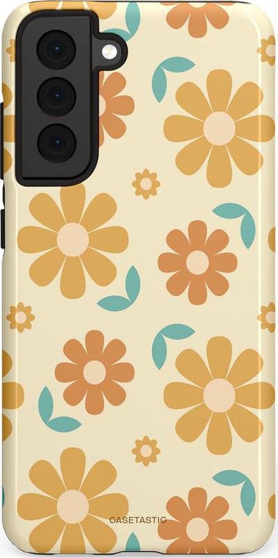 Casetastic hoesje geschikt voor Samsung Galaxy S21 FE 5G - Dubbellaagse bescherming - Flower power Retro Bloemen - Geel - Oranje - Blauw - Fashion Case - Crème Goud Perzik