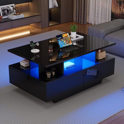 HAUSS SPOLE Salontafels - Hoogglans Salontafel Met LED Licht - 2 Lades En Opbergruimte - 90x55x41 cm - Hout - Zwart