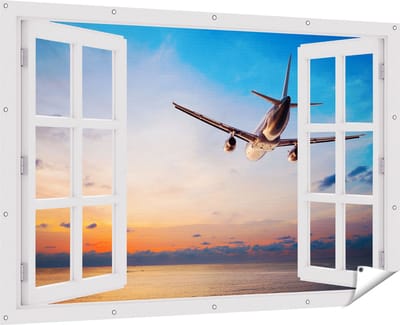 Gards Tuinposter Doorkijk Vliegtuig Boven de Zee bij Zonsondergang - 180x120 cm - Tuindoek - Tuindecoratie - Wanddecoratie buiten - Tuinschilderij