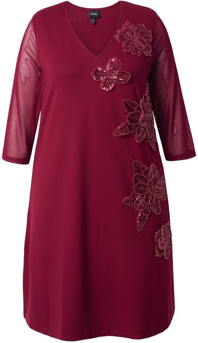 Ulla Popken - Dames - Punto jurk paillettenbloemen V-hals 3/4-mouw - Donker kersenrood - Maat 46+