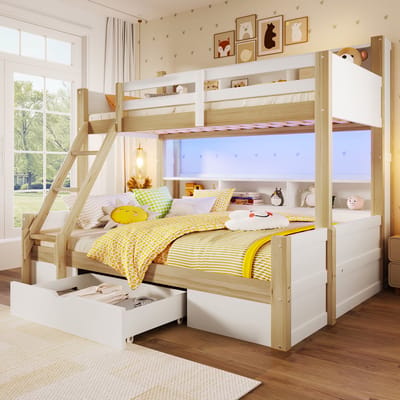 MIVRAY Stapelbed 90x200 en 140x200 cm - Met Ledverlichting en Opbergruimte - Zonder Matras - Grenenhout en Wit Naturel