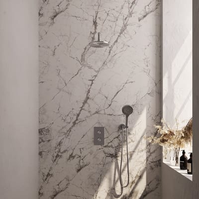 Brauer Brushed Carving thermostatische inbouw regendouche 3-weg omstelling SET 33 met 20 cm douchekop en gebogen muurarm en 3-standen handdouche en doucheslang en wandaansluitbocht RVS geborsteld PVD