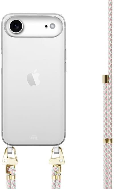xoxo Wildhearts siliconen hoesje - Geschikt voor iPhone 17 Air - Aqua Pink - Telefoonhoesje - Hoesje met koord - telefoonkoord - Transparant hoesje - In lengte verstelbaar - Lichtblauw met roze koord