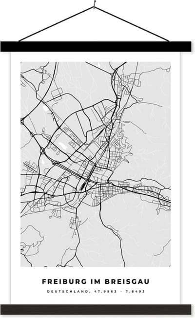 Posterhanger incl. Poster 40x60 cm - Schoolplaat - Stadskaart - Duitsland - Plattegrond - Kaart - Freiburg Im Breisgau - Textielposter - Zwarte latten - Stadskaart