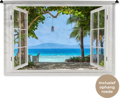 Wandkleed - Wanddoek - Doorkijk - Boom - Zee - Palmboom - Heuvels - Strand - Blauw - 120x80 cm - Wandtapijt