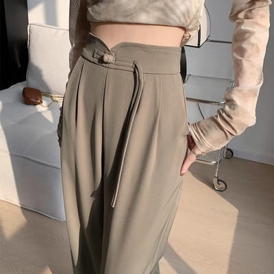 Nieuwe Chinese Zwarte Wijde Pijpen Pakbroek Dames Vroege Lente Hoge Taille Casual Broek L kaki