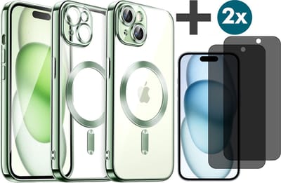 Hoesje met Privacy Screenprotectors 2 Stuks Geschikt voor iphone 15 Plus Hoesje - Geschikt voor MagSafe - Arara siliconen Backcover - Groen
