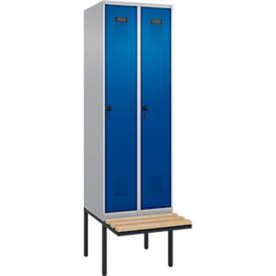 C+P Evolo Plus garderobekast, 2 vakken van elk 300 mm breed, zwevende bank, B 600 x D 815 x H 2120 mm, draaibare grendel, blank aluminium/ gentiaanblauw