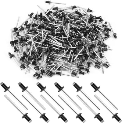 200 stuks blindklinknagels, aluminium klinknagels, 4 x 6 mm klinknagels, grote kop zwart gelakte popklinknagels, blindklinknagelset voor gebouwen, schepen, auto's en meubels